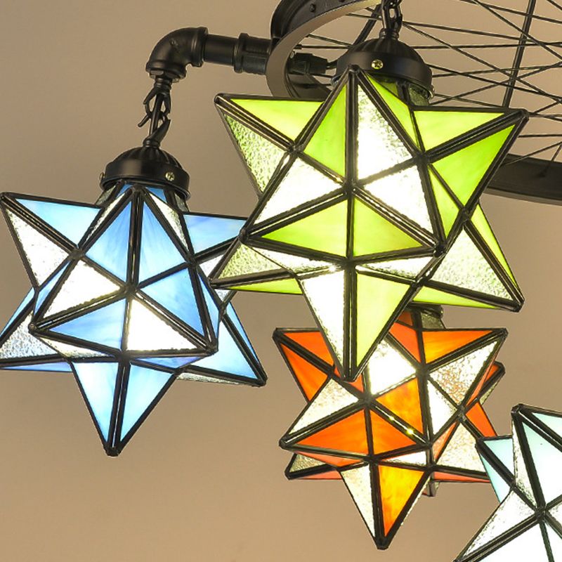 2 Tiers Star Chandelier Lamp Vintage Stained Glass Ceiling Light Fixture in Black Finish