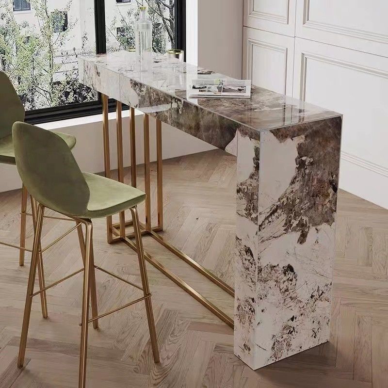 Glam Metal and Stone Bar Table Rectangle Counter Height Dining Table for Living Room