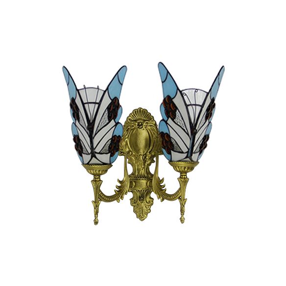 Tiffany Style Butterfly Wall Fixture Light Stained Glass 2 Heads Wall Sconce Lighting in Blue for Bedroom