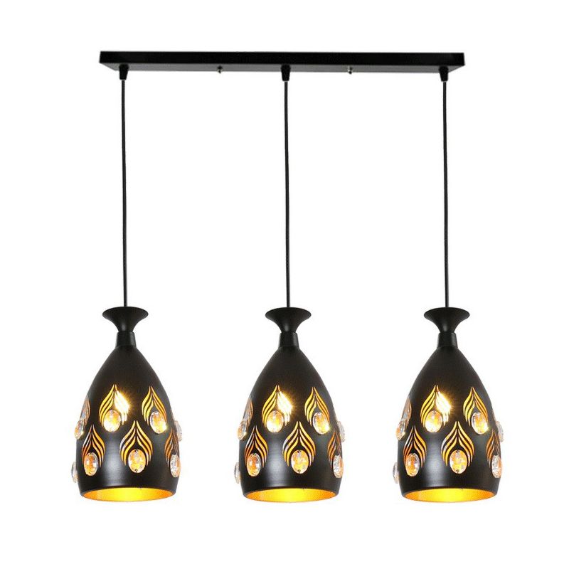Cup Shaped Metal Cluster Pendant Light Artistic 3 Heads Black Hollowed-out Ceiling Lamp with Inserted Crystals