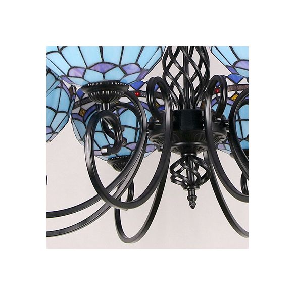 Baroque Indoor Pendant Light with Bowl Shade Stained Glass Ceiling Chandelier in Blue for Hotel