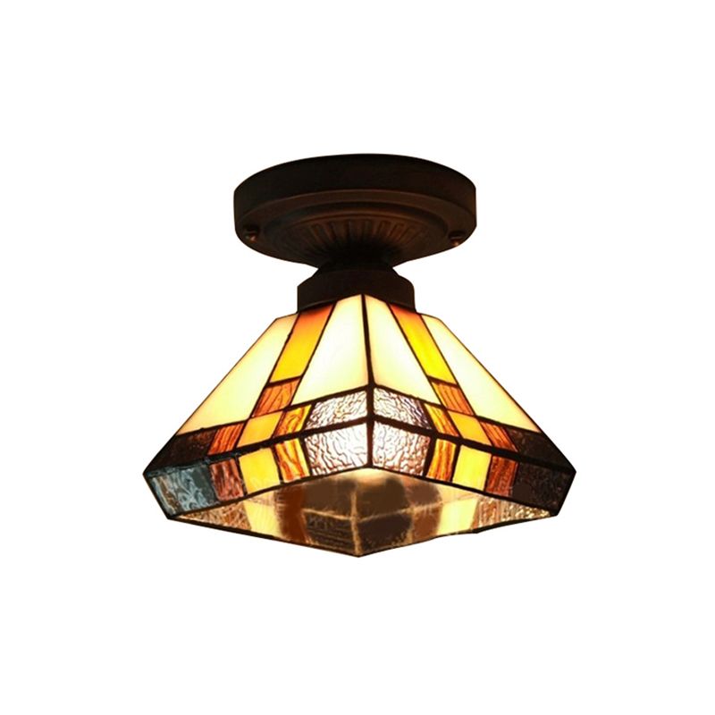 Plafonnier vintage Tiffany Craftsman à 1 lumière en verre teinté en noir/laiton antique pour couloir