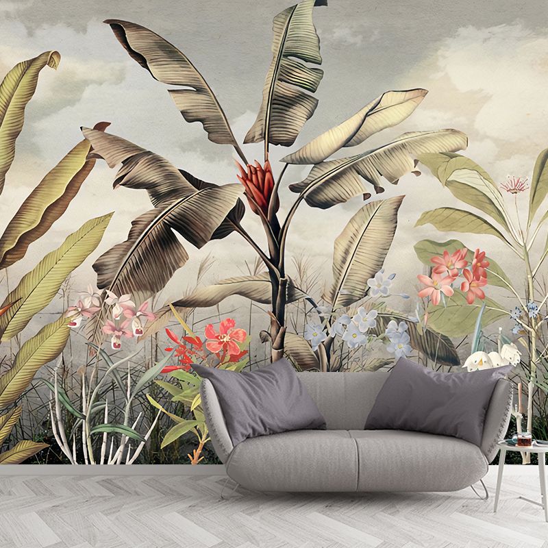 Big Illustration Nordic Wall Mural for Guest Room with Banana Leaf and Blossoms Design in Green