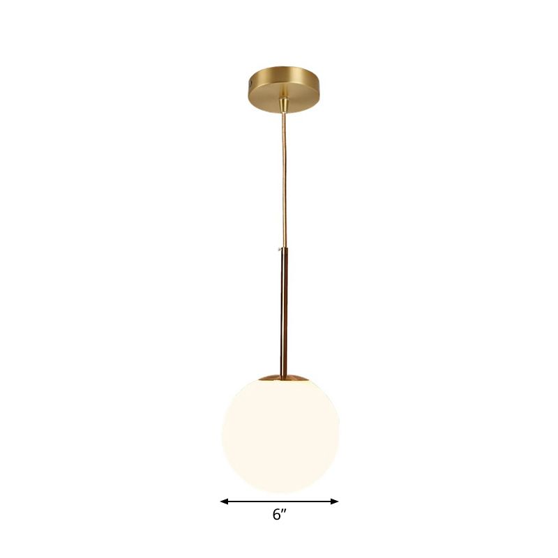 Simple Ball Shaped Drop Pendant White Glass 1 Light 6"/8"/10" Dia Bedroom Pendulum Light in Brass