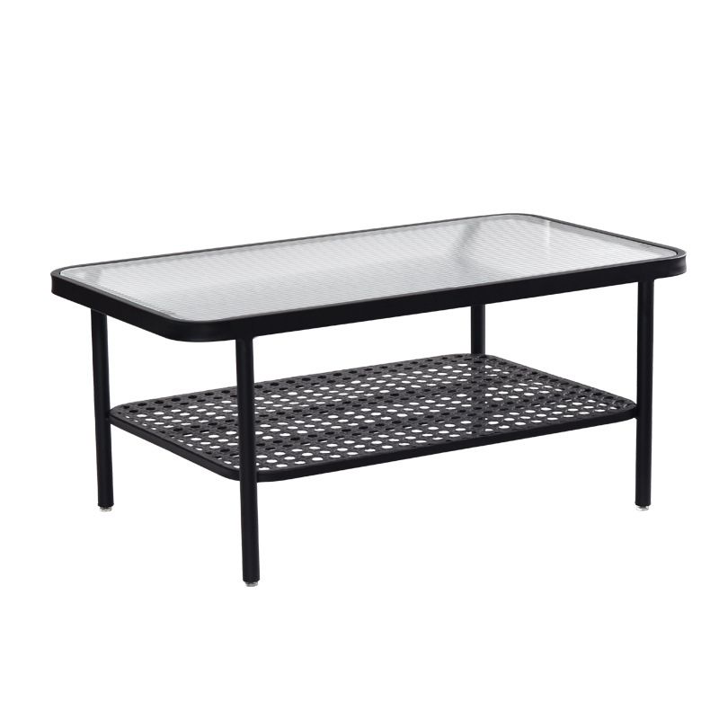 Glass Modern Rectangular Coffee Table with Shelf 4 Legs Cocktail Table