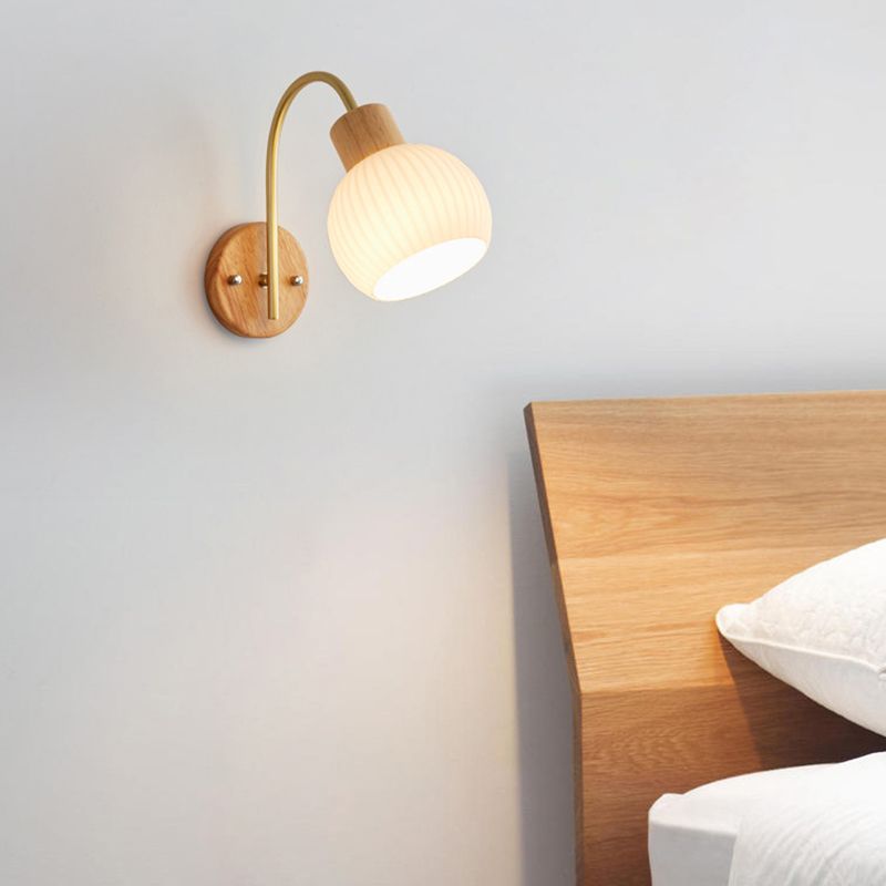 Wood Modern Wall Sconce Geometric Shape Wall Light with Glass Shade for Bedroom
