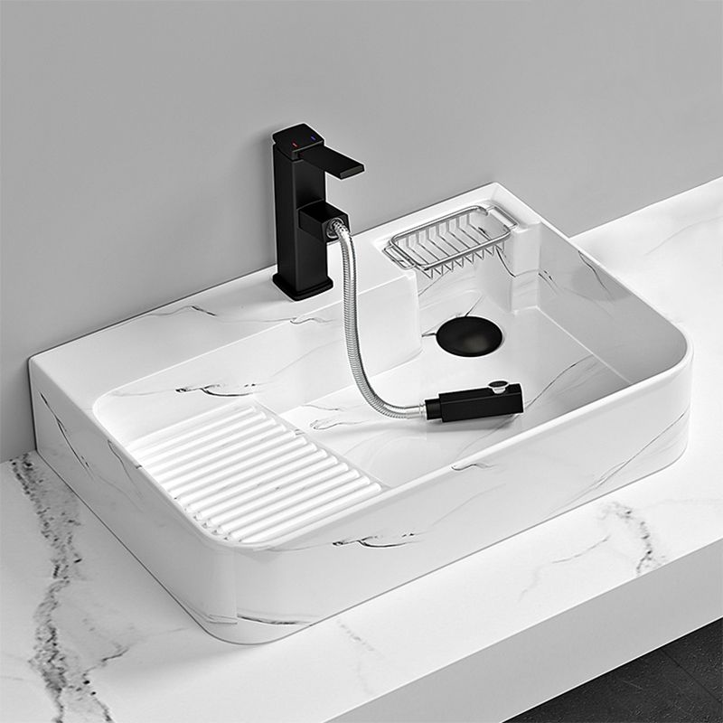 Contemporary Bathroom Sink Porcelain Solid Color Rectangular Vessel Sink with Pop-Up Drain