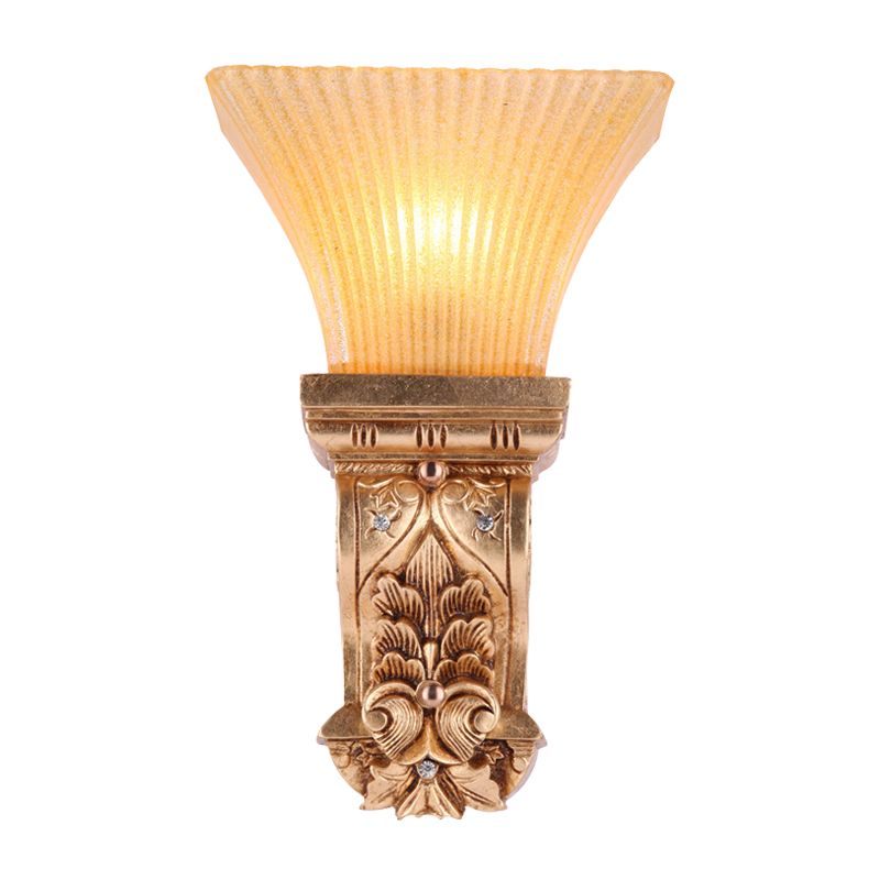 Gold 1-Head Wall Mount Lamp Loft Style Amber Fluted Glass Trapezoid Wall Lighting Fixture