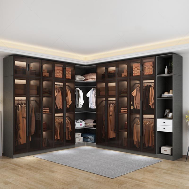 Modern Grey Wardrobe for Home Mirrored Finish Cabinet with Glass Door