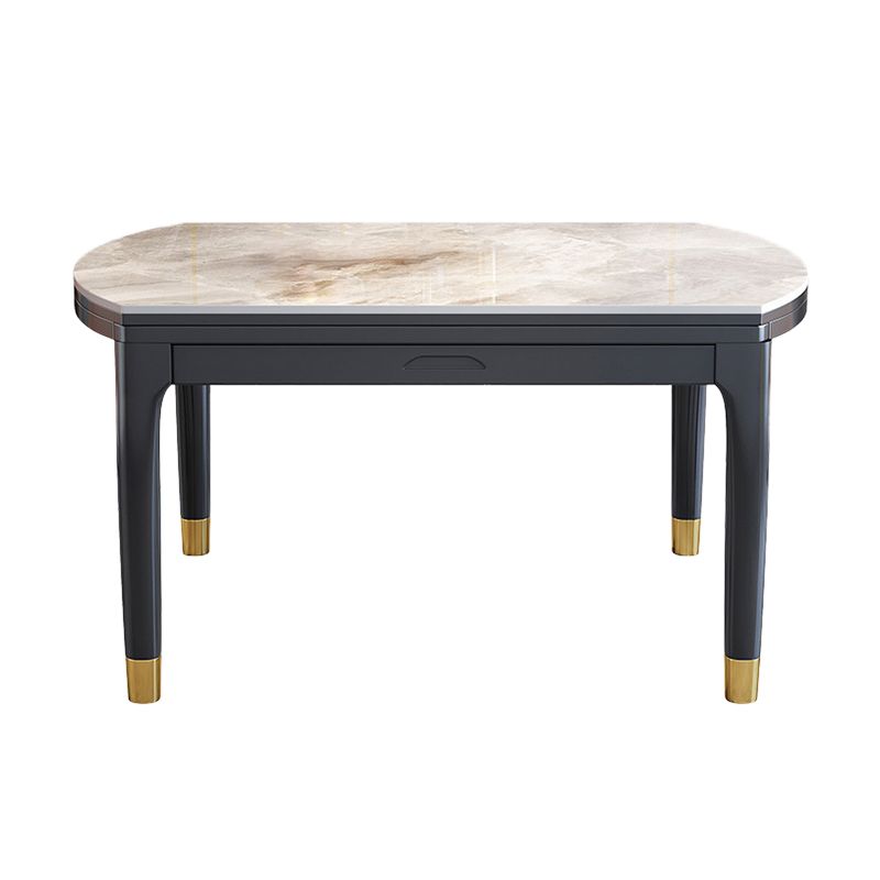 Modern Extendable Grey Stone Top Dining Table with 4 Black Steel Legs