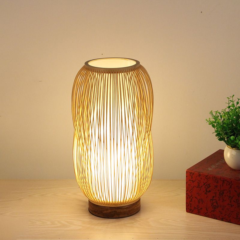 Cylinder Desk Light Chinese Bamboo 1 Bulb Task Lighting in Wood with Circular Wood Base