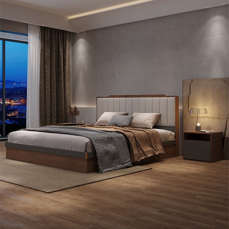 Mid-Century Modern Platform Bed Upholstered Headboard Panel Bed with Drawers