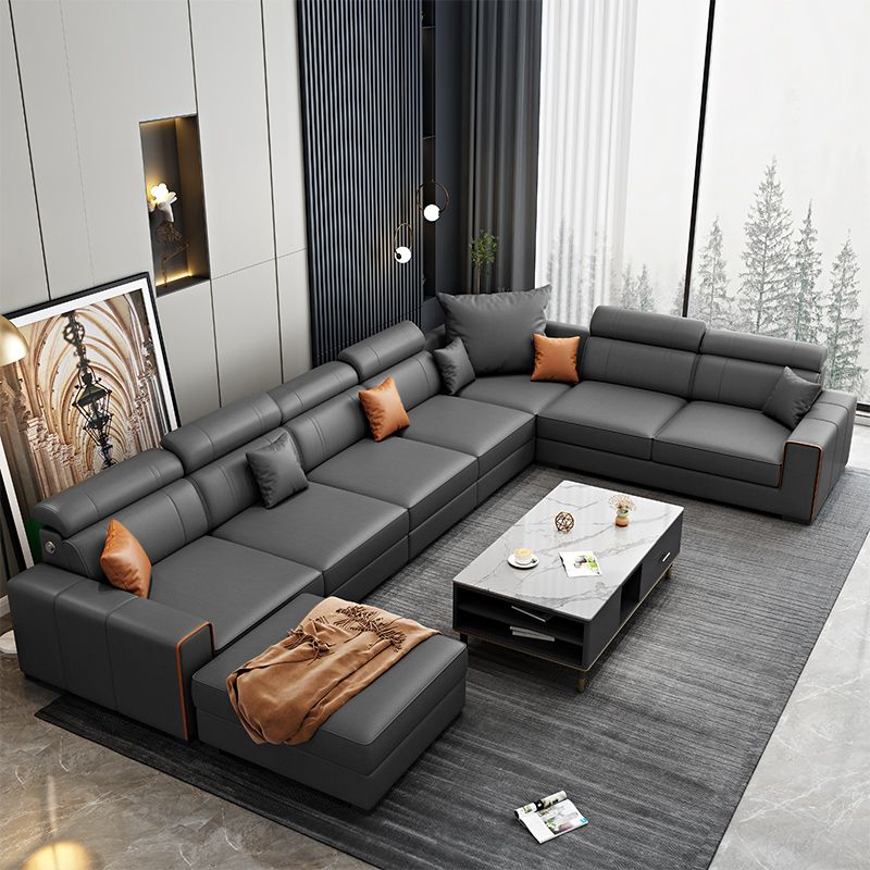 Dark Grey Faux Leather Sectional with Square Arm for Living Room