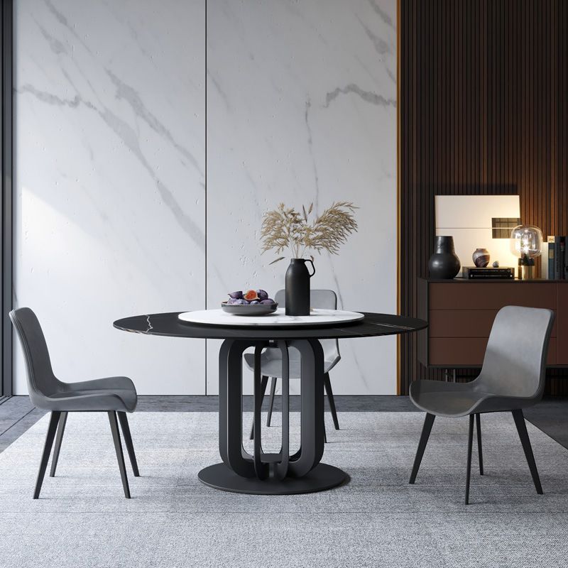 Round Stone Dining Table Modern Turntable Furniture with Pedestal Base in Matte Finish