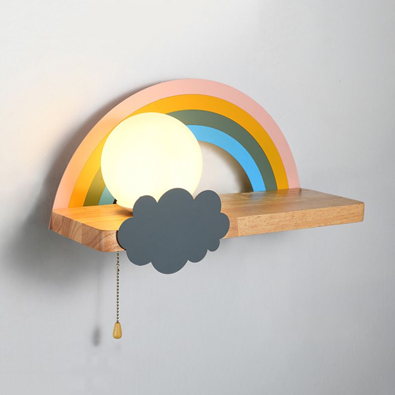 1-Light Round Wall Sconce Modern Simple Wood Style Glass Wall Lighting in Brown