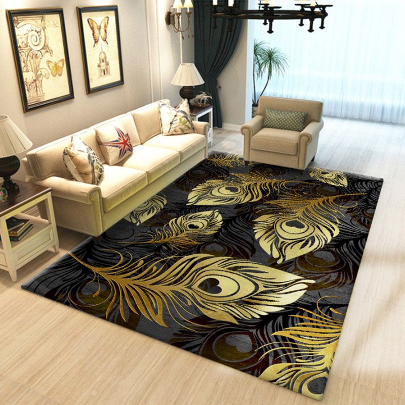 Black Modern Carpet Plant Pattern Polyester Area Rug Stain Resistant Rug for Home Decor