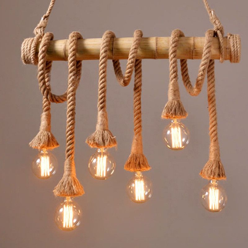 Suspension Lighting Rustic Bare Bulb Rope Pendant Light with Bamboo Pole in Wood