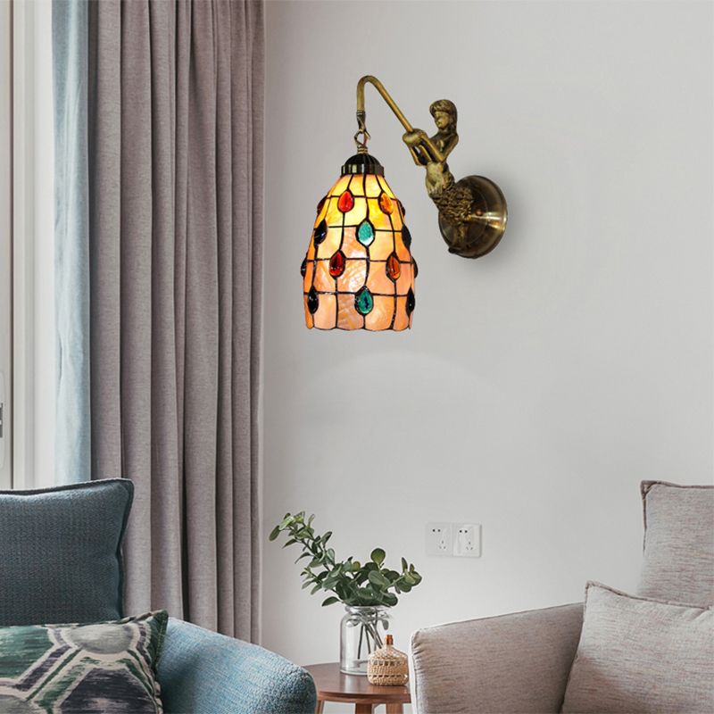 Elongated Wall Mount Light Fixture Tiffany Shell 1 Head Beige Sconce Light with Mermaid Backplate