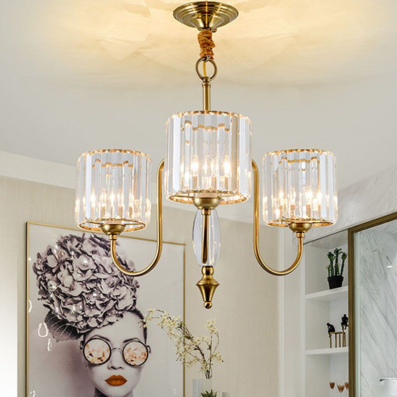 Cylinder Ceiling Chandelier Contemporary Faceted Crystal 3/5/6 Heads Brass Hanging Pendant Light