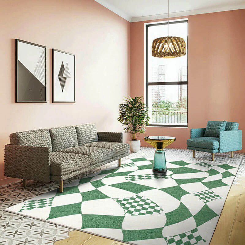 Green Modern Carpet Polyester Check Pattern Carpet Washable Carpet for Living Room
