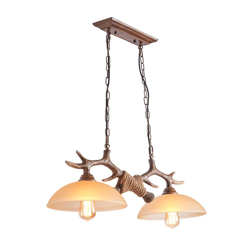 2 - Light Kitchen Island Light Wood & Dome Glass Shade Ceiling Pendant with Antlers Accent
