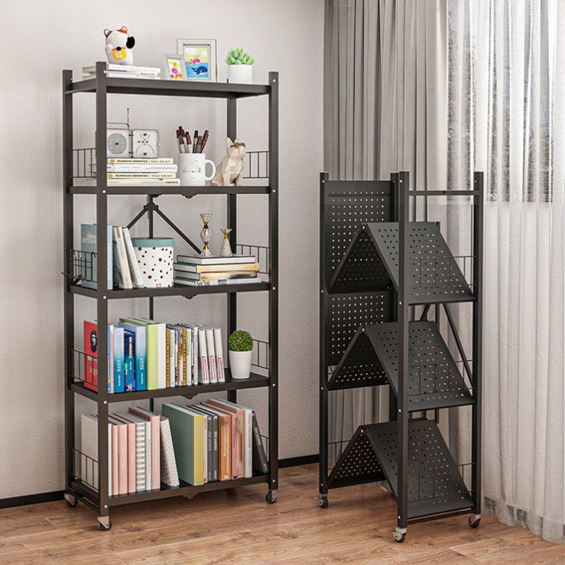 Contemporary Folding Steel Etagere Bookshelf with Caster Wheels
