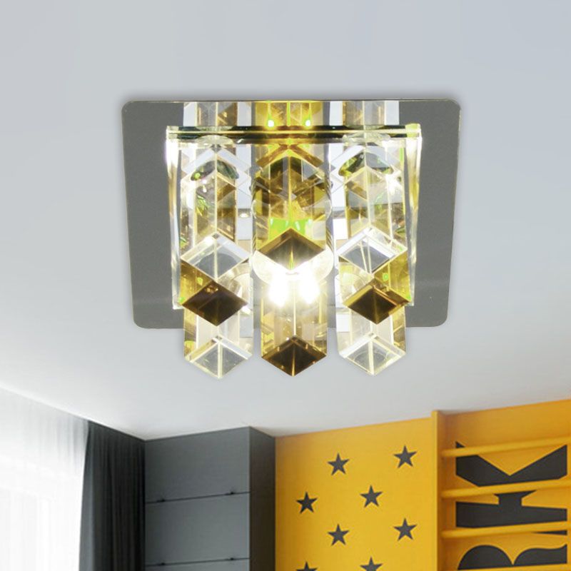 LED Flush Mount Light Minimal Square Blue/Clear/Tan Crystal Block Close to Ceiling Lamp for Hallway