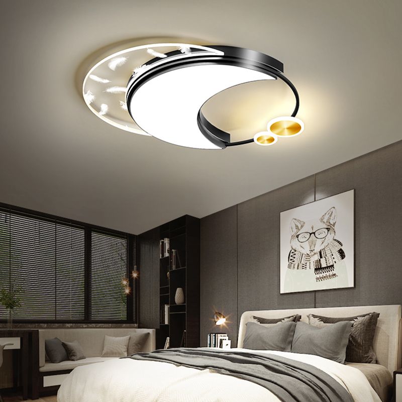 Modern Creative Feather LED Semi Flush Mount Circular Wrought Iron Ceiling Light with Acrylic Shade