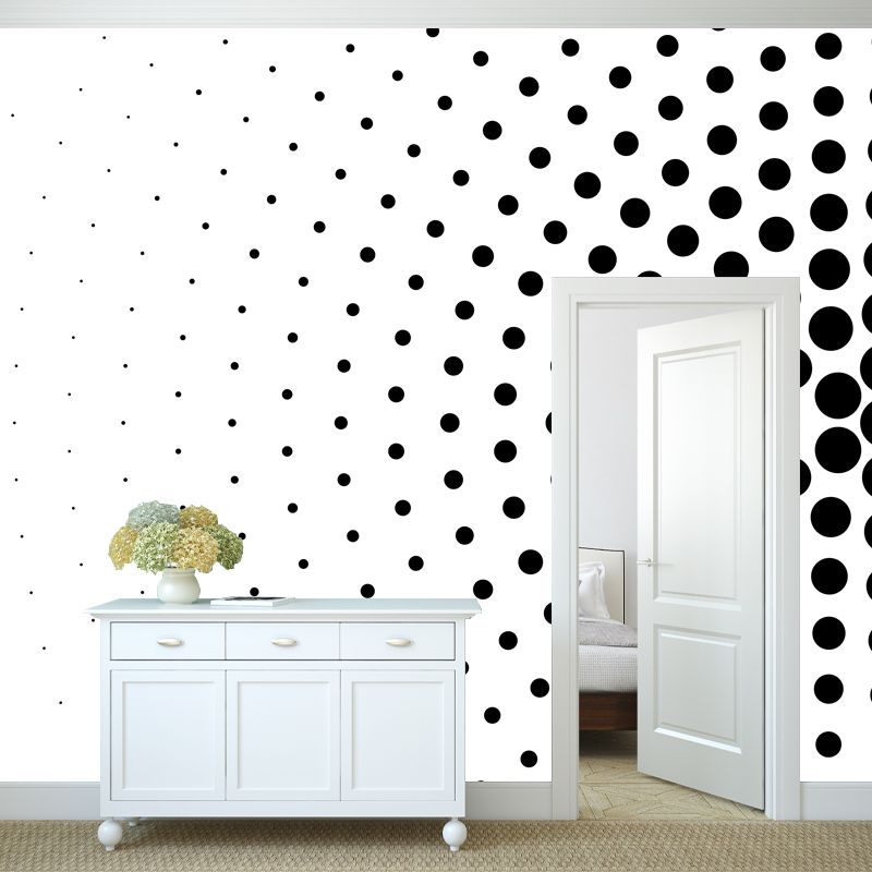 Modern Polka Dots Radial Mural Black and White Moisture Resistant Wall Decor for Bedroom
