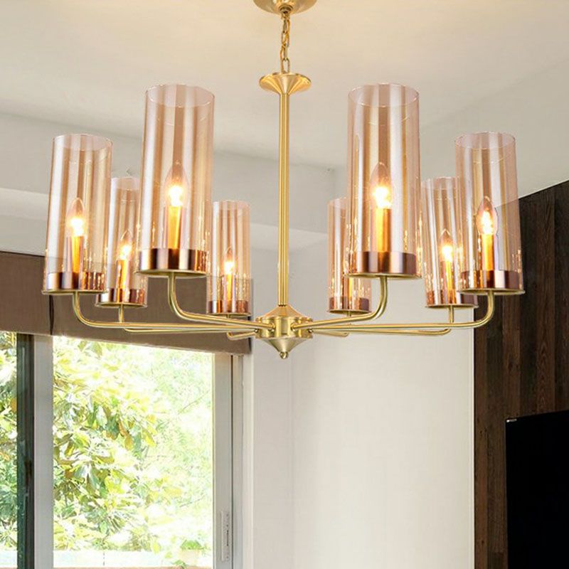 Postmodern Tubular Up Chandelier Glass Living Room Hanging Pendant Light in Brass