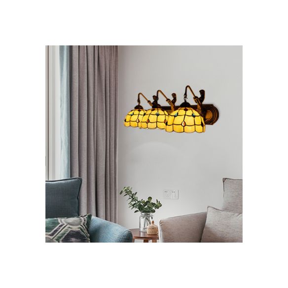 Grid Patterned Sconce Light Tiffany Yellow Glass 1 Head Antique Bronze Wall Light Fixture