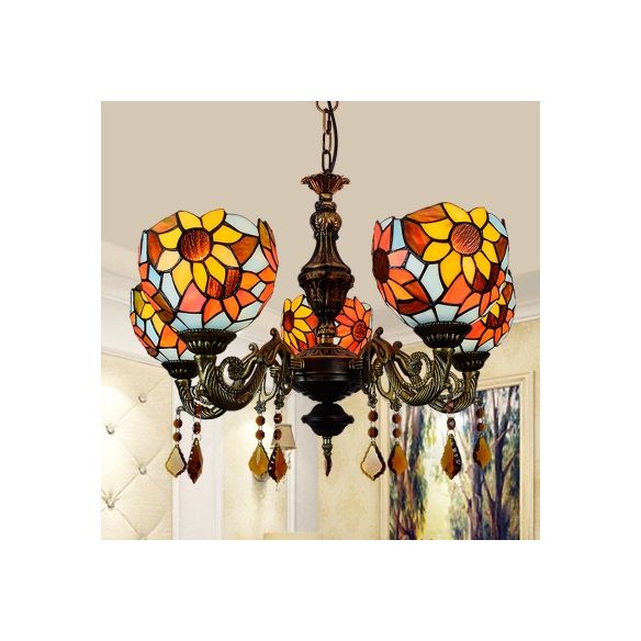 Lodge Dome Hanging Light Stained Glass 5 Heads Sunflower Chandelier with Crystal for Living Room