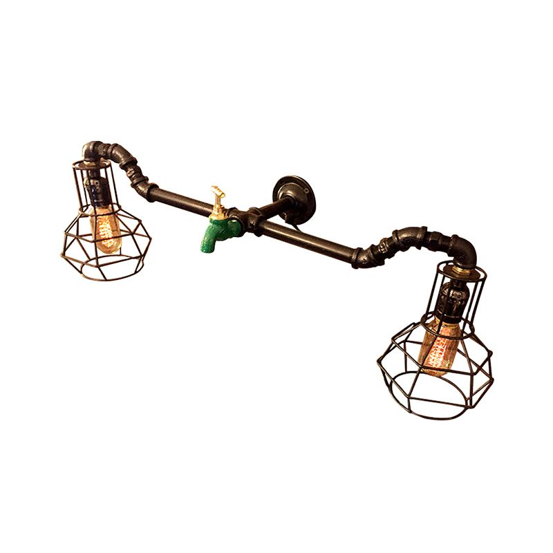 Lámpara de pared de la pared de dormitorio enjaulado Global Metal 2 luces 2 luces Black Diseño con grifos de tubería y agua