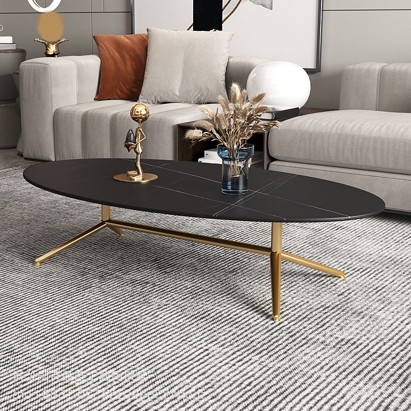 Glam Style Coffee Table with Oval Stone Top and Steel Trestle Base