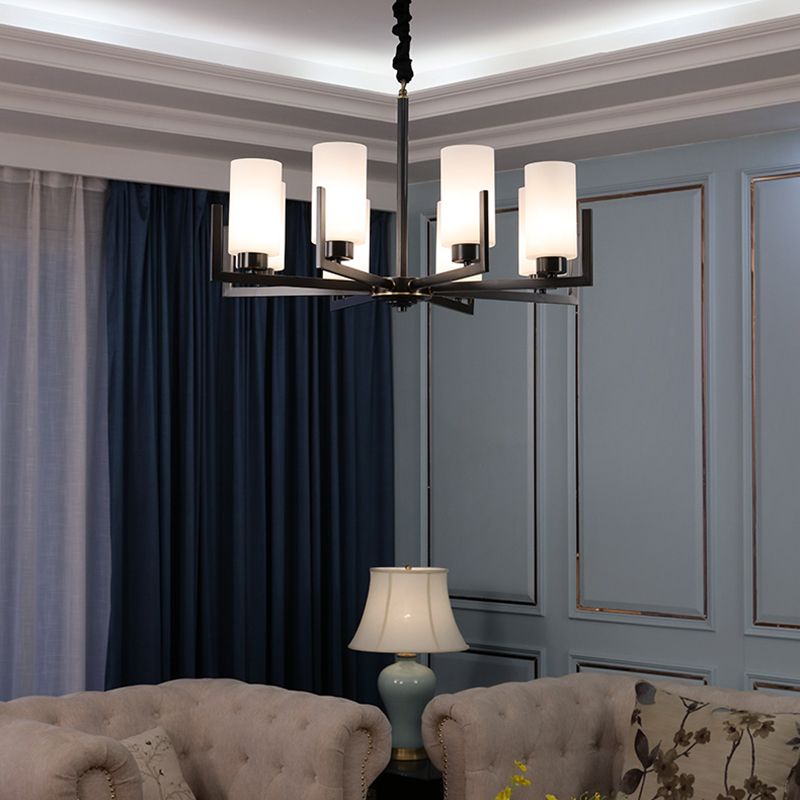 Cylindrical White Glass Shade Brass Chandelier American Style Simplicity Lighting Fixture for Living Room