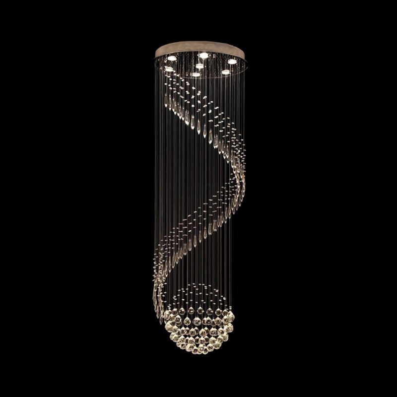 Spiral Stair Cluster Pendant Lamp Minimalist Clear Crystal 7-Light Silver LED Ceiling Light