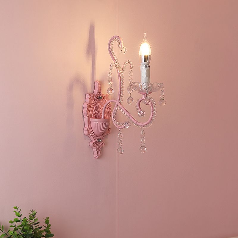 Metallic Scroll Arm Wall Lamp Modernist 1/2 Lights Wall Light with Crystal Orb Deco in Pink