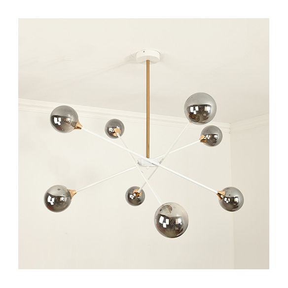 Contemporary White Arm Chandelier Line Metallic Amber//Clear/Silver/Smoke Grey/White Suspension Light with Spherical Shade for Study Room