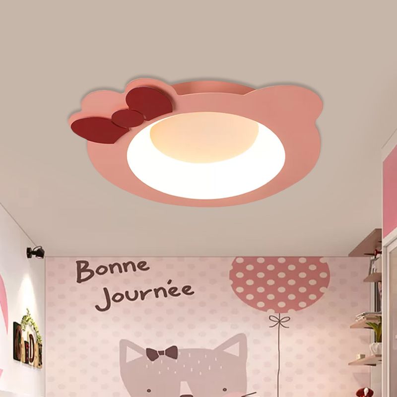 Metallic Cat Head Flush Mount Cartoon LED Rosa Tetto Montato Fixture per Girls Bedroom, Warm / White Light