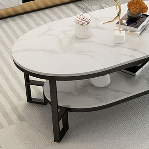Oval Slate Top Coffee Table Iron 4 Legs Cocktail Table with Shelf