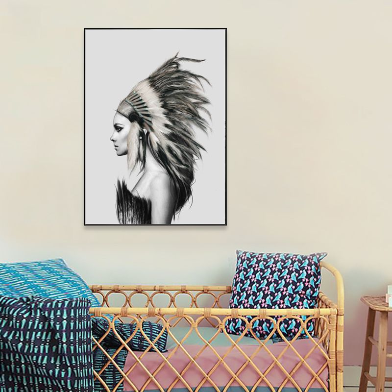 Pastel Color Featherhat Girl Canvas Contemporary Textured Wall Decor for Living Room