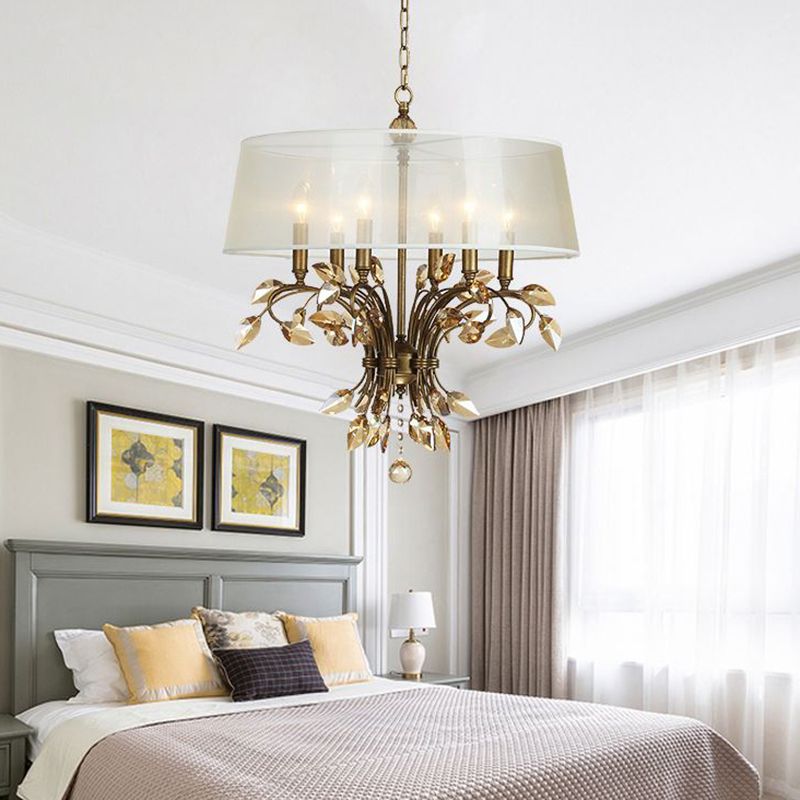 Drum Fabric Suspension Lamp Contemporary 6 Heads Living Room Chandelier Light Fixture in Brass