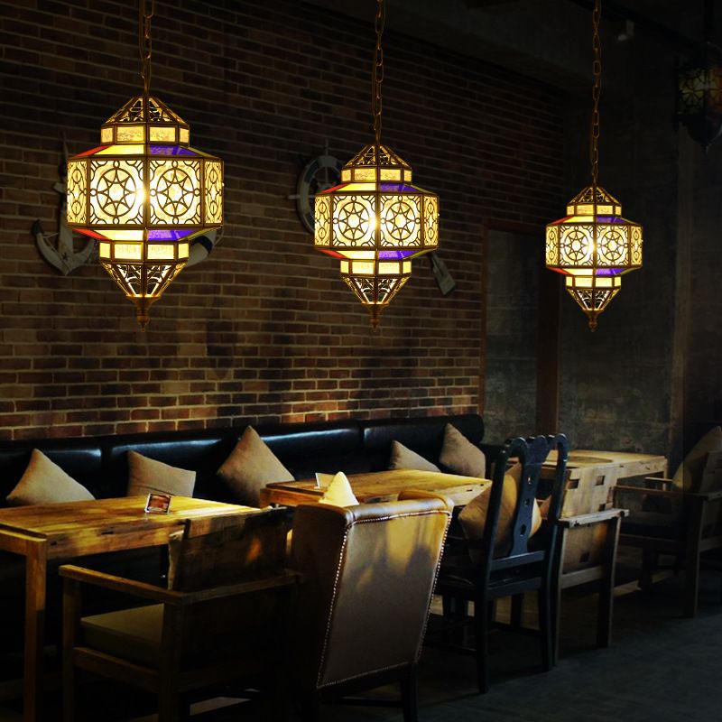 Brass Octagon Hanging Lamp Antique Metal 1 Bulb Ceiling Pendant Light with Adjustable Chain