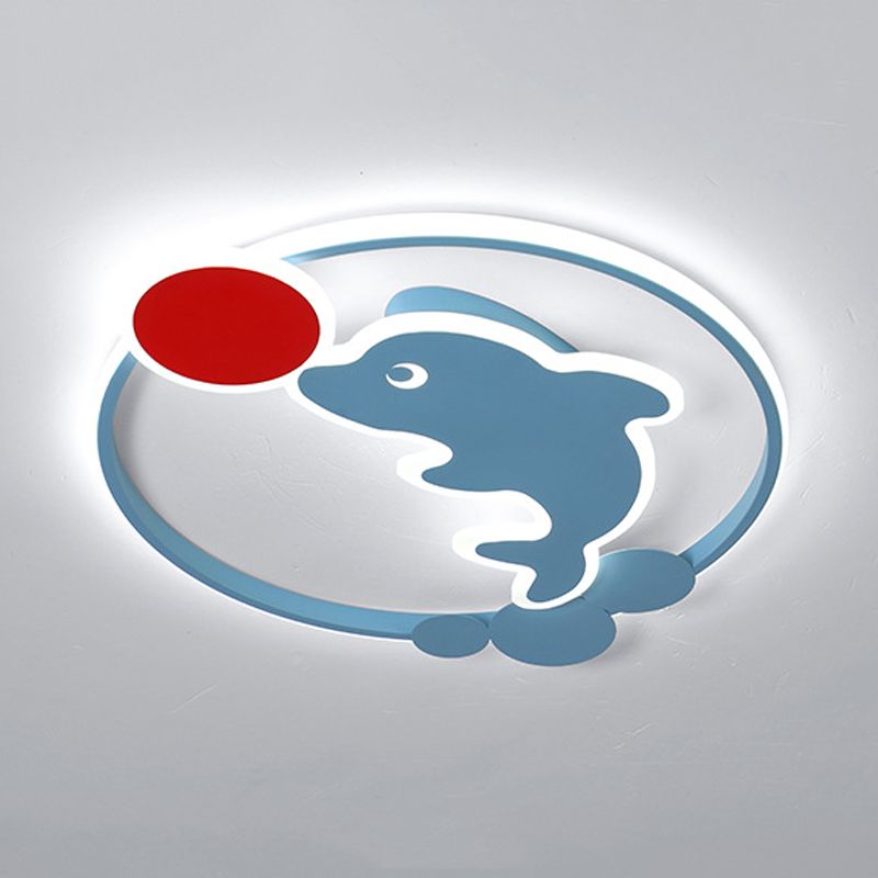 Cartoon LED Flushmount Blue and Red Dolphin Playing Ball Flush Mount Ceiling Light with Acrylic Shade in Warm/White Light