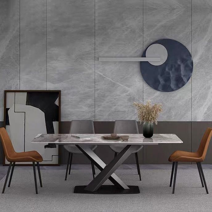 Mesa de comedor de lujo tradicional rectángulo Mesa de piedra sinterizada gris con base de pedestal de metal negro