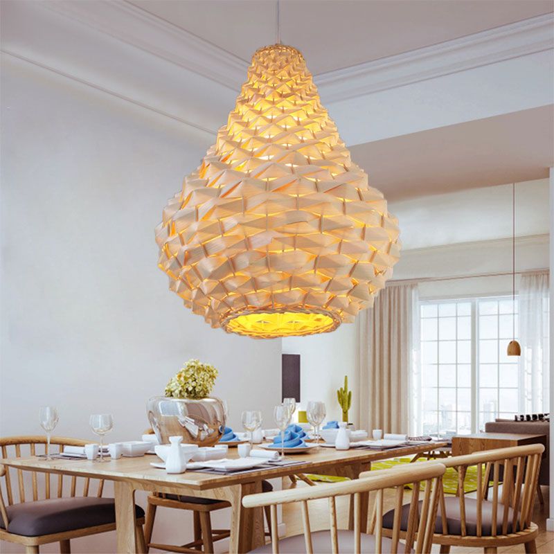 12"/14"/16" Wide Wood Teardrop/Globe/Dome Drop Light Chinese Single Bulb Beige Hanging Pendant for Dining Room