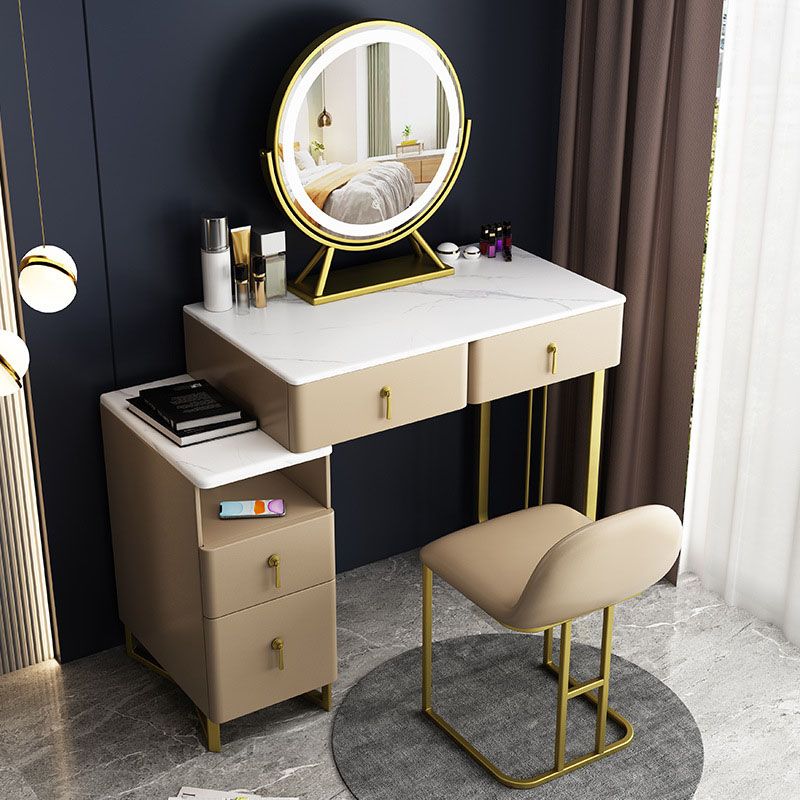 Glam Dressing Table Genuine Leather Vanity Table with 4 Storage Drawers