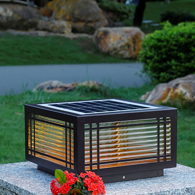 Rectangle Shape Metal Outdoor Light Modern Style 1 Light Solar Pillar Lights in Brown