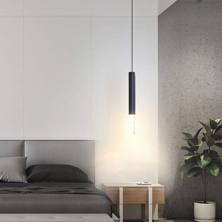 Cylinder Bedroom Pendant Lighting Fixture Acrylic LED Nordic Hanging Ceiling Light in Black