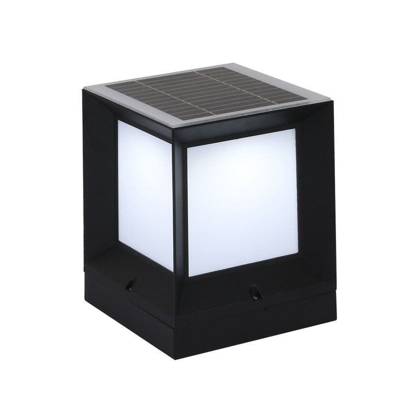 Contemporary Rectangular Outdoor Solar Pillar Lamp in Black for Courtyard